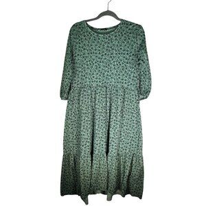 Zara Green Babydoll Floral 3/4 Sleeve Midi Dress Womens